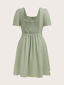 SHEIN MOD Plus Plaid Print Square Neck Puff Sleeve Dress - Mint Green - View 2