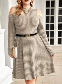 Flirla 大碼挖肩條紋針織洋裝不附腰帶 - 杏色 - 查看 1