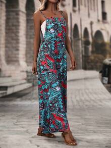 SHEIN VCAY 滿版印花闊腿吊帶連體褲 - 青碧色 - 查看 3