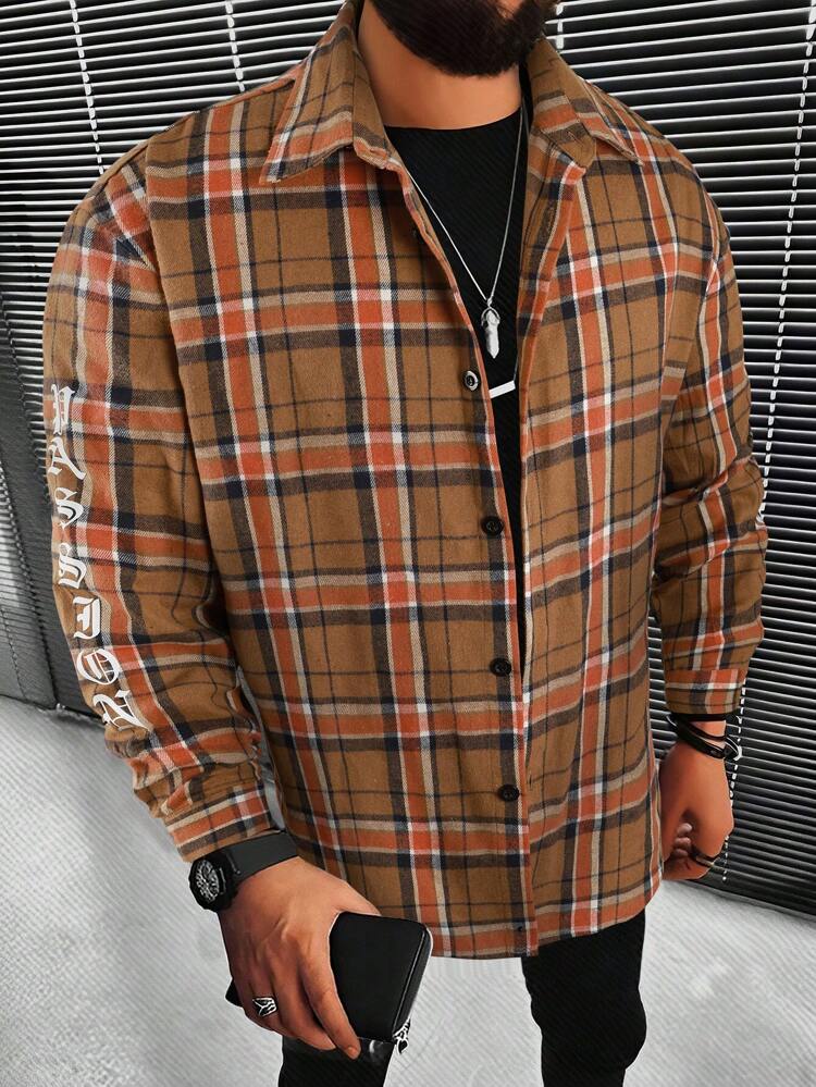 Men's Letter Printed Plaid Shirt Collar Long Sleeve Jacket