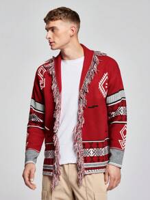 Manfinity RebelGame 男士幾何圖案青果領流蘇邊開襟衫 - 彩色 - 查看 6