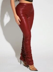 SHEIN SXY PU皮革堆堆褲 - 酒紅色 - 查看 1