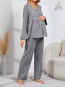Moonlight&Mama 孕妇纽扣前荷叶边睡衣上衣和可调节腰部睡裤，适合妈妈、睡衣套装 - 灰色 - 查看 4