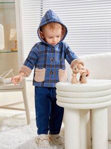 Baby Boy Plaid Print Teddy Panel Hooded Thermal Lined Overcoat - Multicolor - View 4