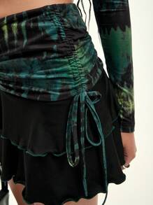 SHEIN EZwear 紮染金屬圓環拉鍊連帽短夾克和褶邊木耳邊側抽繩半身裙 - 彩色 - 查看 4