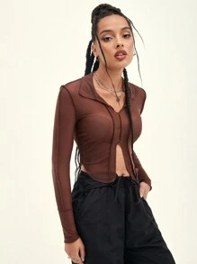 SHEIN ICON 下擺開叉網紗薄透上衣 - 鏽棕色 - 查看 5