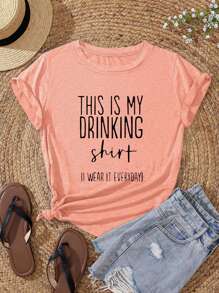 SHEIN EZwear Slogan Graphic Tee - Coral Orange - View 1
