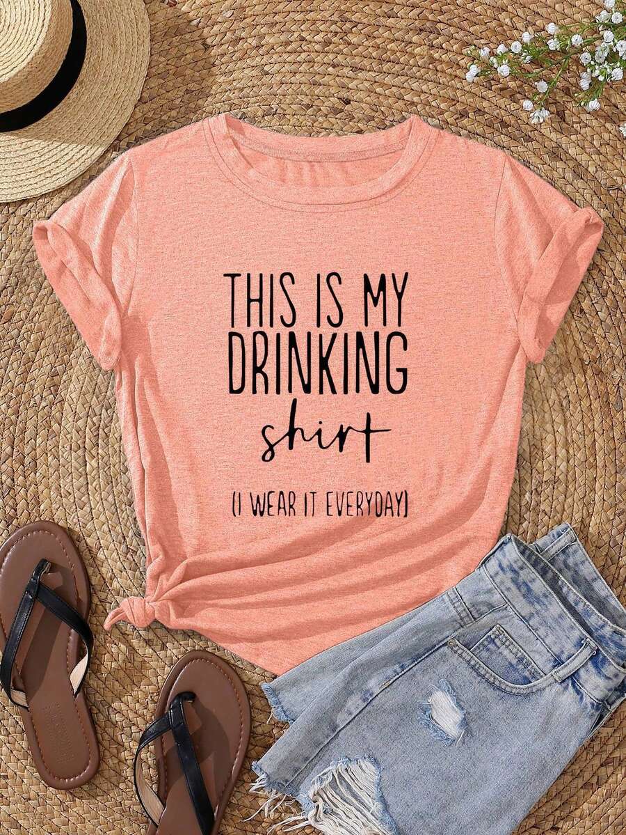 SHEIN EZwear Slogan Graphic Tee - Coral Orange - View 1