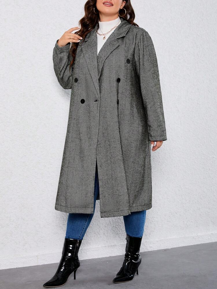 Plus Herringbone Lapel Neck Double Breasted Overcoat