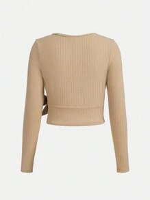 SHEIN 青少年女孩側打結圍裹上衣和褲子 - 卡其色 - 查看 6