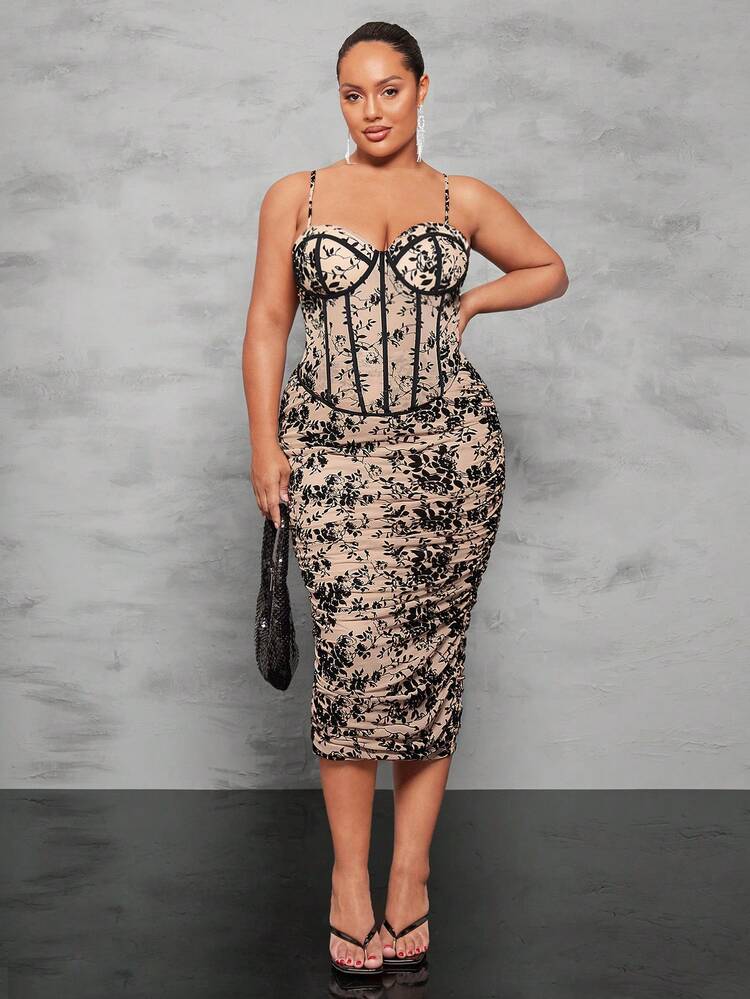 Plus Size Color Block Flower Pattern Tight-Fit Camisole Top With Edging Detail For Summer