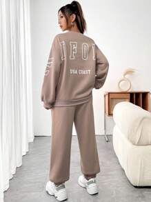 SHEIN Unity Letter Graphic Drop Shoulder Sweatshirt & Sweatpants - Dusty Pink - View 4