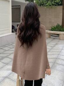 Dazy Star Solid Mock Neck Knit Poncho - Khaki - View 2