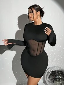 SHEIN ICON Plus Contrast Mesh Keyhole Back Bodycon Dress - Black - View 5