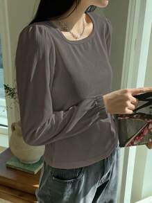 Dazy Star Chất rắn Ống tay áo Áo thun - Bụi tím - Xem 3