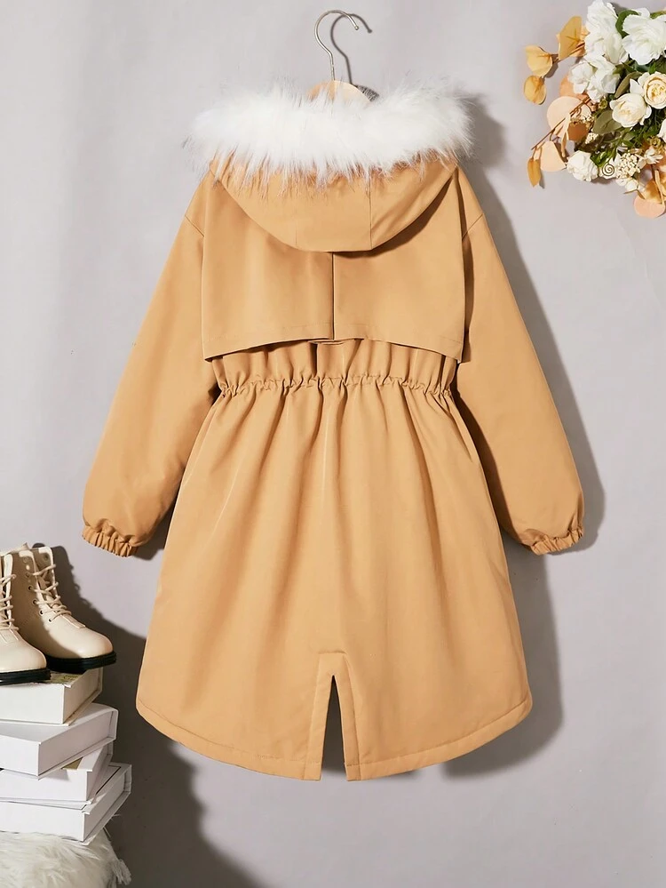 Tween Girl Drawstring Waist Fuzzy Trim Hooded Coat