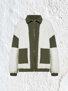 SHEIN EZwear 撞色落肩袖拼接邊毛絨夾克 - 彩色 - 查看 1