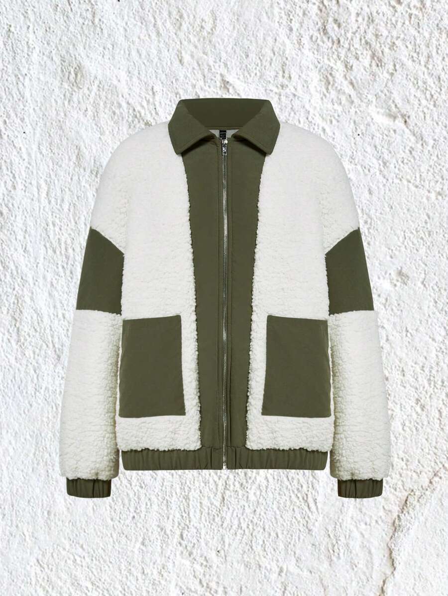 SHEIN EZwear 撞色落肩袖拼接邊毛絨夾克 - 彩色 - 查看 1