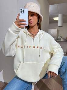 SHEIN Unity Thêu Chữ Túi kangaroo Thả vai Dây rút Hoodie - Màu be - Xem 5