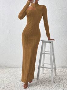 SHEIN LUNE Asymmetrical Neck Split Thigh Dress - Brown - View 6