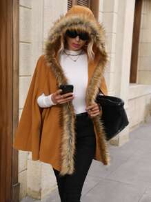 SHEIN LUNE Fuzzy Trim Hooded Cape Overcoat