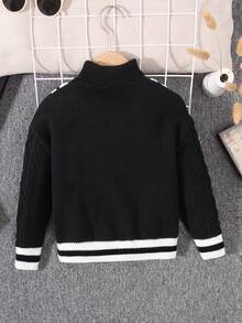 SHEIN 1pc Toddler Boys' Casual & Comfortable & Fashionable & Simple & Soft & Practical & Warm Knitted Sweater, Autumn/Winter, Color Block & 2 In 1 & Turtleneck & Twisted Pattern Suitable For College Style - Black - View 3