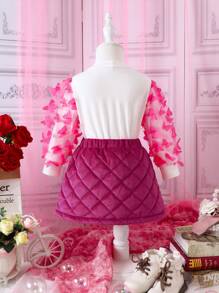 女嬰網紗拼接小高領T恤&衍縫半身裙 - 粉色 - 查看 2