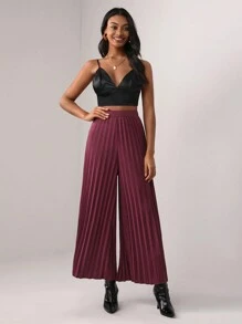 Bryanna 高腰百褶闊腿褲 - 酒紅色 - 查看 1