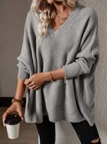 SHEIN Essnce 素色蝙蝠袖V領套頭毛衣 - 灰色 - 查看 6