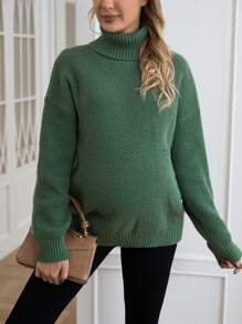 SHEIN Thai sản Áo cao cổ Thả vai Áo len - màu xanh lá - Xem 1