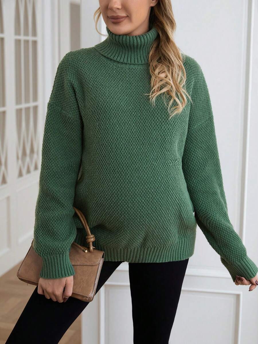 SHEIN Thai sản Áo cao cổ Thả vai Áo len - màu xanh lá - Xem 1