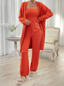 Chiquease 素色抹胸針織上衣和針織褲&落肩袖開襟衫 - 橘色 - 查看 1