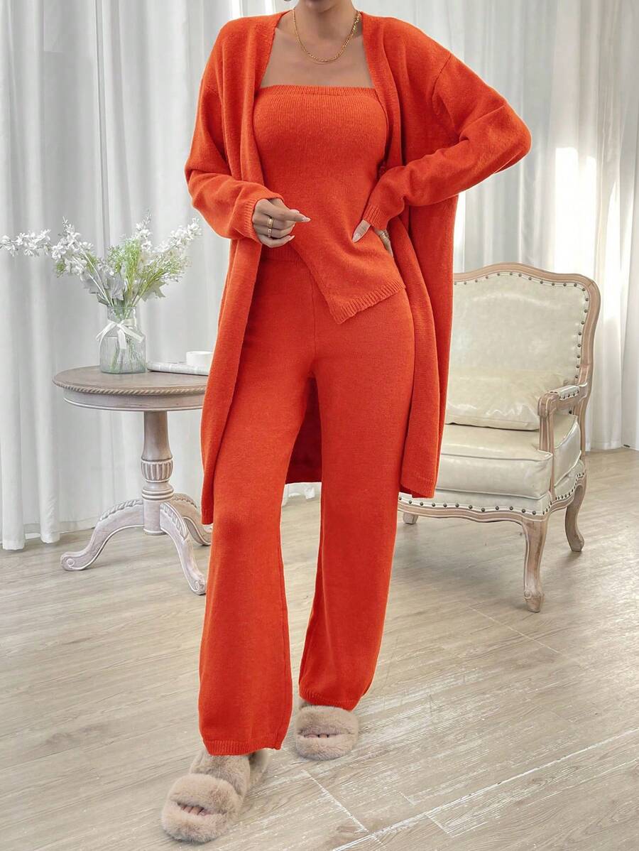 Chiquease 素色抹胸針織上衣和針織褲&落肩袖開襟衫 - 橘色 - 查看 1