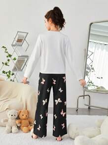 SHEIN Camiseta Con Estampado De Letras Y Mariposas Para Chicas Adolescentes Y Pantalones Largos Ropa Para El Hogar