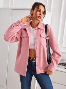 SHEIN Essnce 翻蓋口袋前紐扣落肩袖花呢外套 - 粉色 - 查看 3
