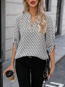 Allover Print Notched Neck Roll Tab Sleeve Blouse - White - View 4