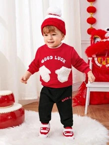 SHEIN Sudadera Con Capucha Y Pantalón De Chándal Para Bebé Con Letras Y Gráficos, Con Bolsillo Y Parches De Osito De Peluche
