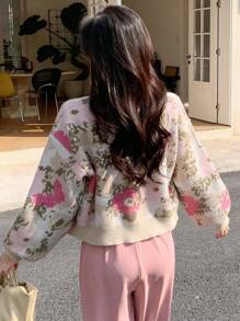 DAZY Floral Pattern Drop Shoulder Cardigan - Pink - View 2