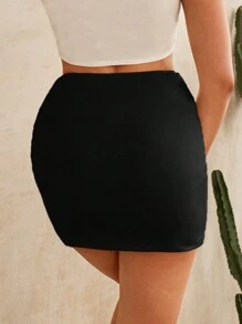 SHEIN SXY 抽褶開衩素色半身裙 - 黑色 - 查看 2