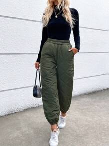 Chiquease Solid Elastic Waist Pants Fall Cloth For Women - Dark Green - View 6