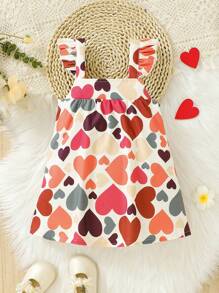 Baby Girl Heart Print Ruffle Trim Cami Dress - Multicolor - View 2