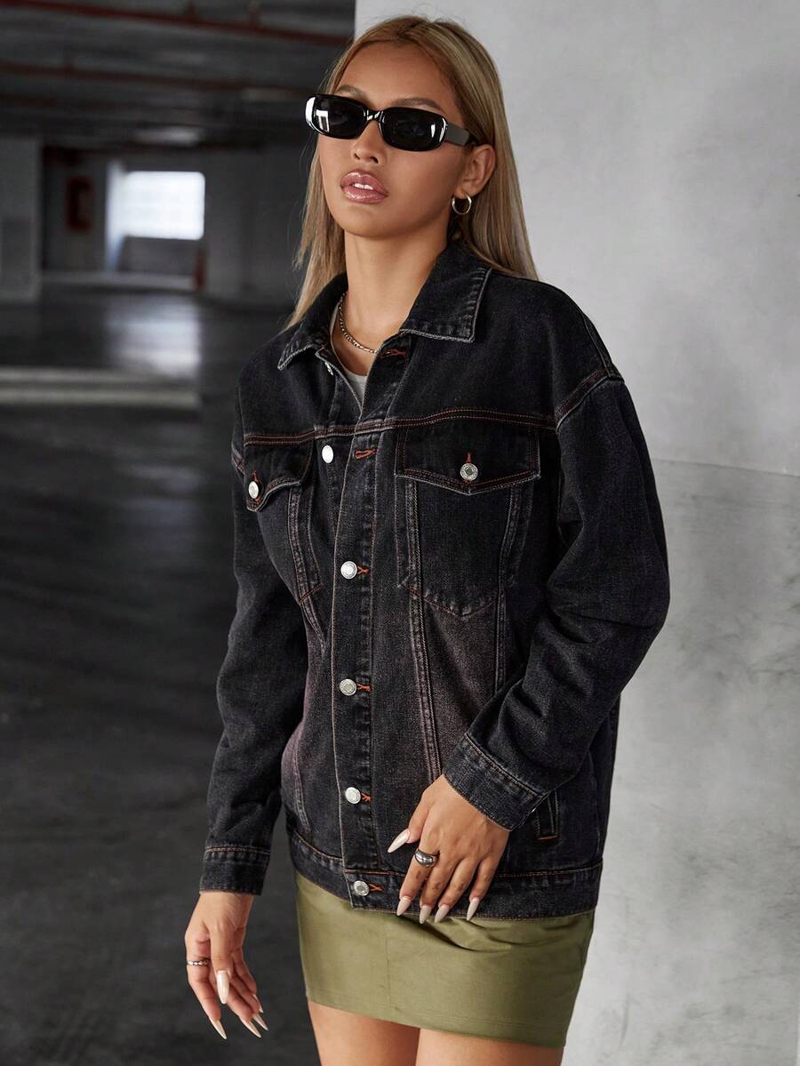 SHEIN EZwear Drop Shoulder Flap Pocket Denim Jacket - Black - View 1