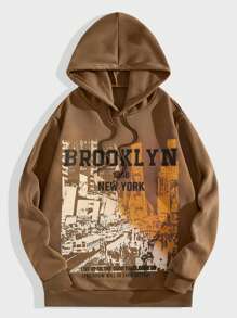 ROMWE MEN Street Life Guys Street View And Slogan Graphic Drawstring Thermal Lined Hoodie - Brown - View 1
