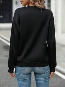 SHEIN LUNE 水鑽愛心圖案落肩袖運動衫 - 黑色 - 查看 2