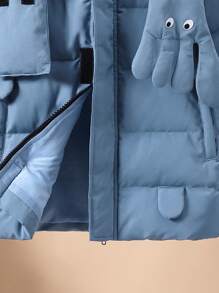 SHEIN 1 件适合青少年男孩的纯色连帽厚外套派克大衣，带 3D 卡通围巾装饰