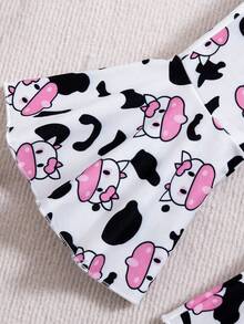 SHEIN Cô Gái Trẻ In hoa bò Viền Ruffle Áo thun & Đồ họa Hoạt hình Quần ống loe - Màu tím hoa cà - Xem 5