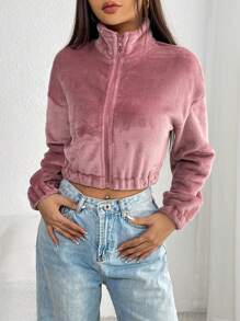 SHEIN PETITE Dây kéo Thả vai Áo Jacket Crop - Bụi hồng - Xem 4