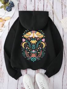 SHEIN EZwear 印花抽繩加絨內裏連帽衫 - 黑色 - 查看 1