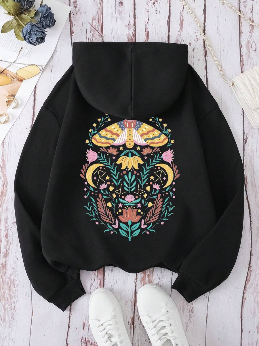 SHEIN EZwear 印花抽繩加絨內裏連帽衫 - 黑色 - 查看 1