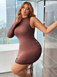 SHEIN X GiudiceGirls Hơn Ren Up Side Cắt ra Eo Váy bodycon - màu nâu - Xem 4